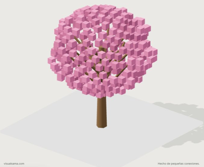 Árbol de vóxeles con copa rosa, generado por el prototipo de visuAlsama